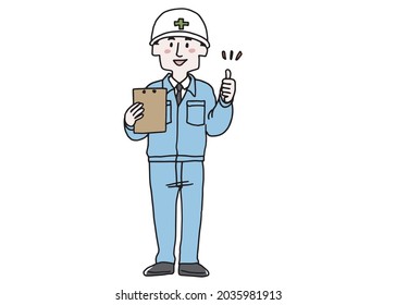 A male employee of a construction shop with a binder doing thumbs up