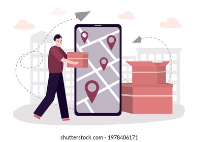 Male employee delivering orders. Man holding parcel. App for delivering purchase on phone screen. Online shopping and fast delivery. Map and destination point. Transport company. Vector illustration