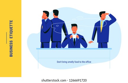 Male employee eating smelly stinky food at his workplace and annoying his colleagues. Disrespect of corporate rules and bothering coworkers at office. Business etiquette for successful communication.