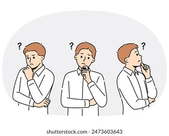 Male employee feel confused looking for problem solution or answer. Businessman frustrated brainstorm search for trouble solving idea. Vector illustration.