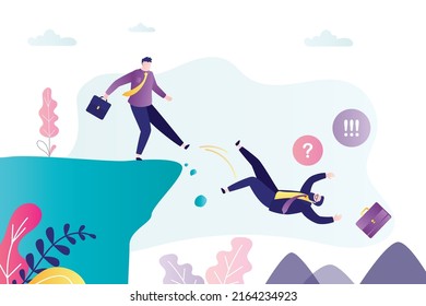 Male employee is fired, boss kicks manager off cliff. Unemployment, concept. Colleague kicks colleague off cliff, corporate relations, hostility, enmity. Flat vector illustration