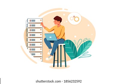 Male employee fixing server issue Vector Illustration concept. Flat illustration isolated on white background.