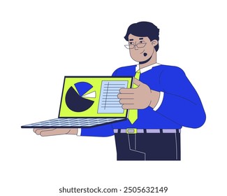 Male employee holding laptop pie chart 2D cartoon character. Arab man office worker analyst isolated flat vector person white background. Data analysis. Sales statistics color spot illustration
