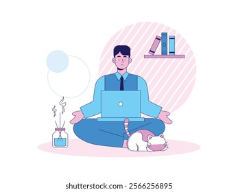 Male employee at home sitting in yoga mediation. Calming his mind when he has a lot of projects, with a cat and aroma therapy candles. Character design. Vector flat illustration