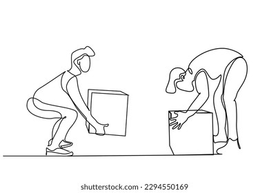 male employee  lift box right position and wrong position line art