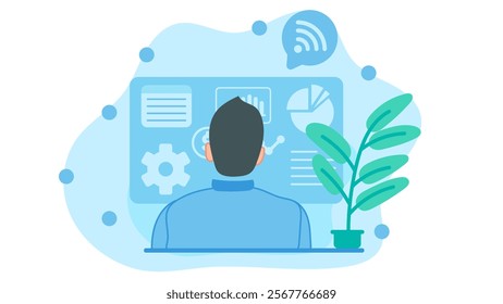 Male employee looking at company statistical data and building a business strategy. Vector illustration in flat design style