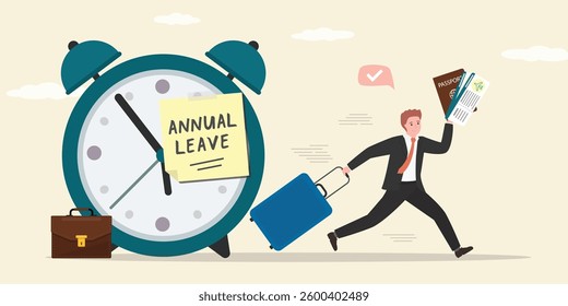 Male employee with luggage running away from office. Annual leave note on watch. Break, take day off and relax from hard work, schedule reminder of annual leave concept. Time to vacation. flat vector
