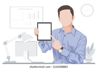 Male employee is pointing at his tablet. Presentation templates. flat design