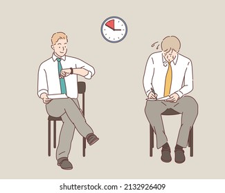 Male employee prepare project at workplace, try meet deadline or appointment. Hand drawn style vector design illustrations.