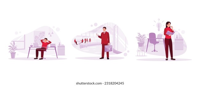 Male employee relaxing in office. Businessman holding mobile phone and carrying bag. Young girl thinking, writing, and taking notes. Trend modern vector flat illustration.
