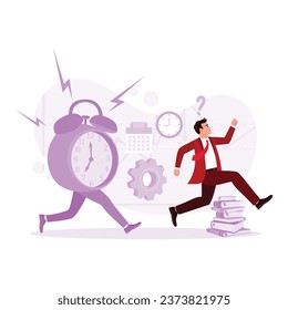 Male employee running away from the alarm clock that was chasing him. Deadline concept. Trend Modern vector flat illustration