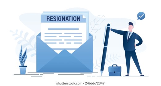 Male employee sending resignation letter to the chief. Change of job, unemployment, resign concept. Giant envelope with document about dismissal. Worker man with pen and briefcase. vector illustration