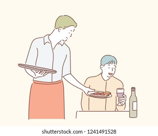 A male employee is serving food to the guest in the restaurant. hand drawn style vector design illustrations.