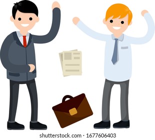 Male employee in shirt and tie. Case and paper file document. Office man in a funny pose and a set of objects. Colleagues and friends. Cartoon flat illustration