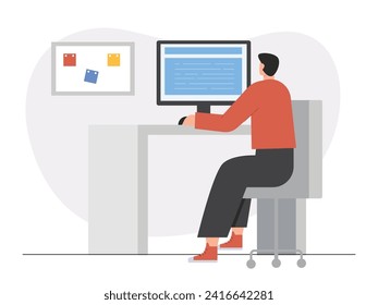 Empleado masculino sentado en una oficina, trabajando en una fecha límite con notas decorativas. Diseño de caracteres. Ilustración plana del vector