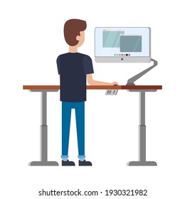 Male employee stand behind ergonomic adjustable sit and stand modern computer desk. Home or office comfort and modern desk on white background. Vector flat illustration. 
