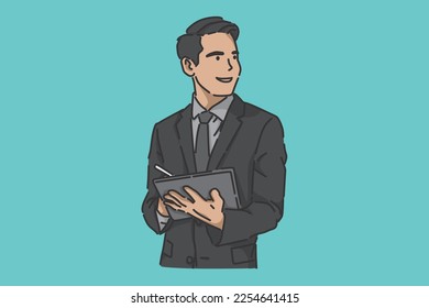 Male employee standing holding digital tablet. Flat Image