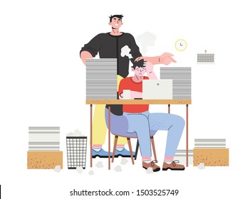 A male employee in a stressful situation at his working place doing his job in a hurry under presure of an angry boss who is standing behind him and yelling that he is too slow. Hard work concept.