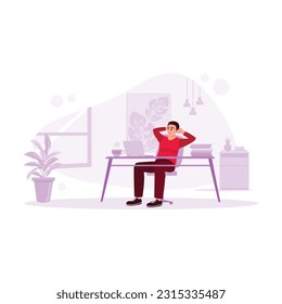 Male employee, taking advantage of free time in his office, enjoying a cup of hot coffee while enjoying his work on the laptop at the table. Trend Modern vector flat illustration.