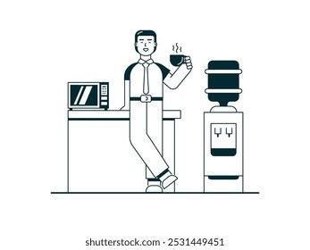 Empleado masculino tomando un descanso en la cocina haciendo café caliente, instalaciones de oficina. Diseño de personajes. Ilustración plana de Vector