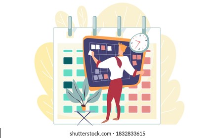 Male employee with a tie on his shoulder glue a sheet of paper onto the board with stickers next to the clock. The schedule is behind the board. The flower pot is on the table next to the man