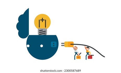 Male employee trying to plug in the power socket, add ideas, human heads, light bulbs mean ideas, develop