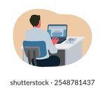 Male employee typing on the laptop. Backside view. Simple flat illustration