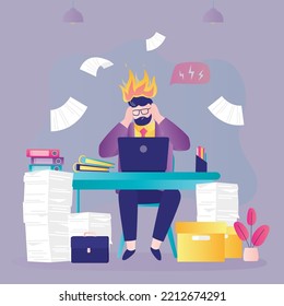 Male employee under stress, burnout concept. Overwork, psychological stress. Businessman trying to get all paperwork done by deadline. Multitasking and overworking. Office routine. Vector illustration