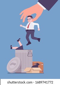 Male employee unfair dismissal, employment crisis losses. Jobless people, jobs market in massive economic disaster, increased global unemployment and recession. Vector flat style cartoon illustration