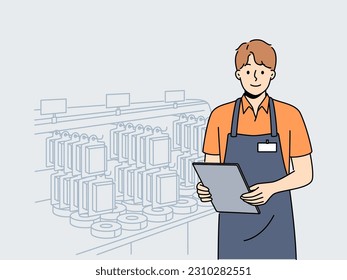 Male employee in uniform working in building hypermarket. Smiling man consultant standing near shelf in supermarket. Occupation concept. Vector illustration. 