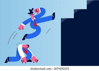 Male employee use colleague as stepping stone for goal achievement. Businessman jump over coworker or partner back to get work promotion or career success. Rivalry, competition. Vector illustration. 