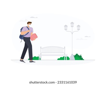 a male employee was walking alone in the park on the way home. He also wore a mask to reduce transmission of the corona virus
flat design, vector illustration
