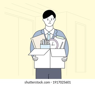 a male employee who resigned due to difficult company circumstances illustration set. new, sad, fighting, leave. Vector drawing. Hand drawn style.