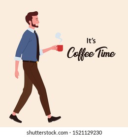 a male employee who is taking a break holding coffee while walking