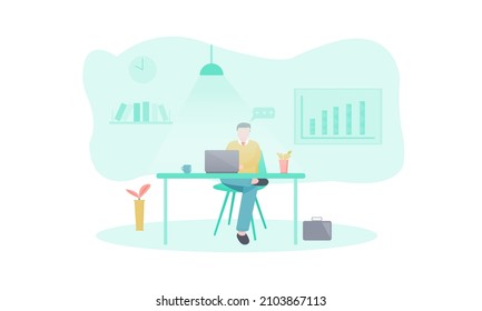 A male employee at work using a laptop late into the night, Flat design style vector illustration.
