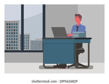 Male employee working in the office. Simple Illustration.
