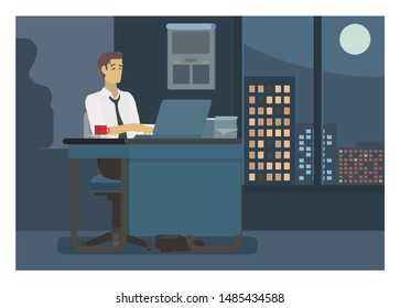 Male employee working overnight in the office. Simple Illustration.