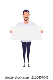 Male with empty banner. Pop art cartoon style. Vector illustration