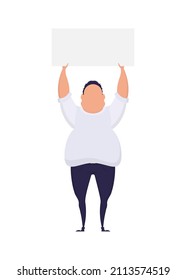Male with empty banner. Pop art. Flat style. Vector illustration