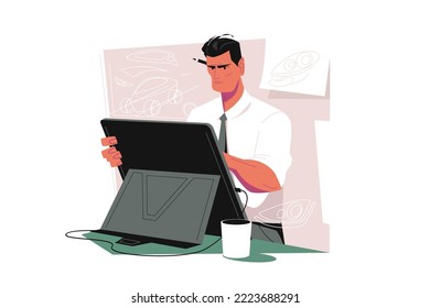 Male engineer architect working at graphics tablet vector illustration. Creating construction project and art flat concept