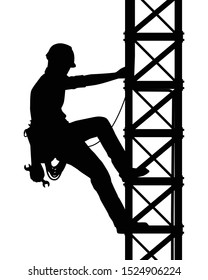 Male engineer is climbing on tower or electric post silhouette vector.