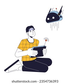 Male engineer control chatbot flat line concept vector spot illustration. Artificial intelligence technology 2D cartoon outline character on white for web UI design. Editable isolated color hero image