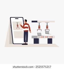 Engenheiro masculino controlando robô AI na correia transportadora via smartphone em ilustração vetorial plana simbolizando automação, tecnologia e produção inteligente, isolada em fundo branco.