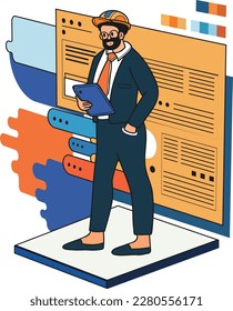 Ingeniero masculino creando planos y planos ilustrativos al estilo doodle aislados en segundo plano