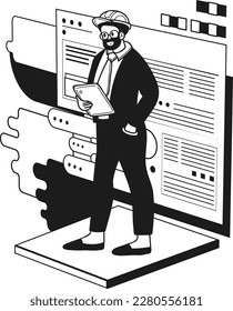 Ingenieur bei der Erstellung von Entwürfen und Plänen für Illustrationen im Doodle-Stil einzeln auf Hintergrund