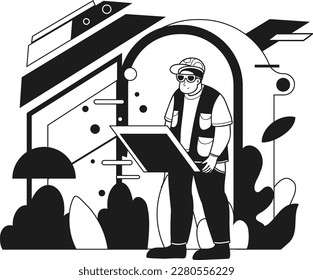 Male engineer creating blueprints and plans illustration in doodle style isolated on background
