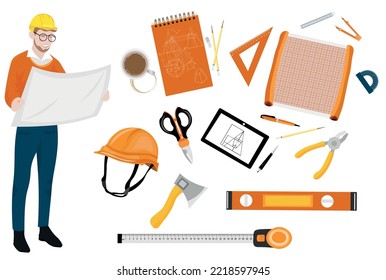 Male engineer and different items on white background
