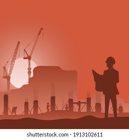 Ingeniero masculino con sombrero duro usando planos de sujeción en el sitio de construcción en un vector de ilustración de fondo de sombra naranja.
