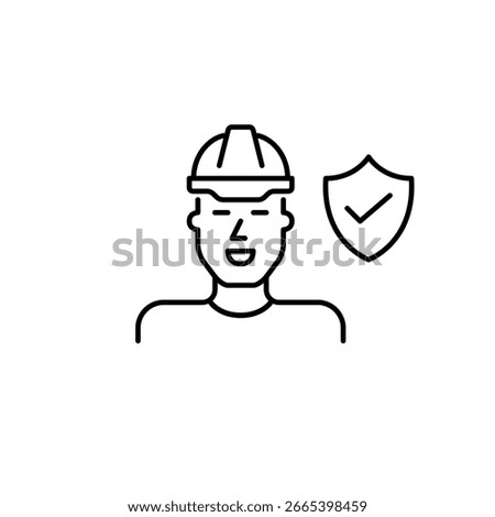 Male engineer in hard hat. Verified worker safety, trusted construction protection, secure job site. Pixel perfect, editable stroke vector icon