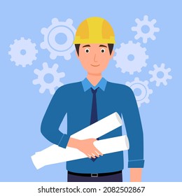 Male engineer holding blueprint of construction building in flat design vector illustration.